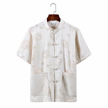 唐裝男短袖夏裝中式漢服中老年亞麻襯衫男爺爺裝棉麻寬松晨練上衣