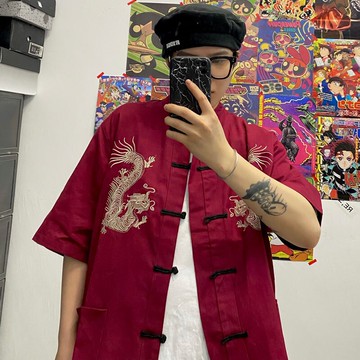 改良唐裝上衣夏復古中國風寬松暗黑男女情侶盤扣短袖外套立領襯衫