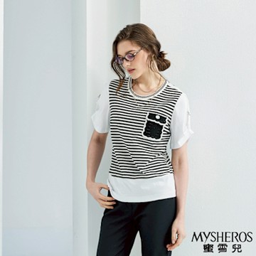 【MYSHEROS 蜜雪兒】橫條紋網眼拼布針織口袋可調節袖高含棉上衣-白