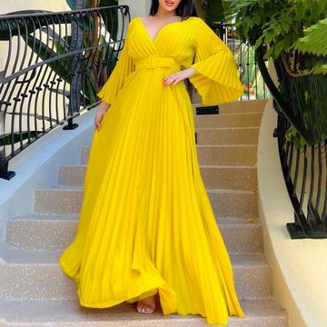 women long dress yellow 歐美女裝新款性感大擺禮服長裙連衣裙