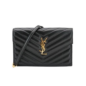 YSL Monogram 金logo小羊皮斜背/肩背信封包-19cm(742920-黑)