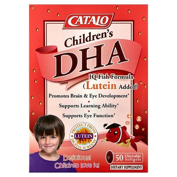 CATALO, 兒童 DHA IQ 魚類配方，添加葉黃素，草莓味，50 粒咀嚼軟膠囊