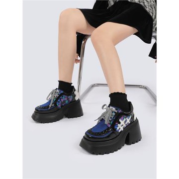 enqo原創甜酷厚底鞋女2025秋冬系帶皮鞋增高黑色小眾單鞋女鞋