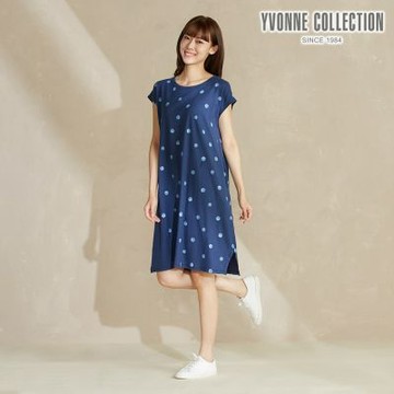 YVONNE 以旺傢飾 圓點印花剪接短袖洋裝-深藍
