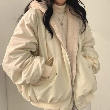 熱銷免運✨正韓外套 韓版韓國刷毛加厚兩面穿羔羊毛棉服女裝外套冬季新款寬鬆連帽棉衣上衣 棒球外套女 羊毛外套