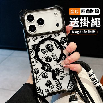 復古玫瑰 送掛繩透明手機殼 磁吸防摔透明殼 適用 iPhone 17 16 16e 15 14 13 12 11保護殼