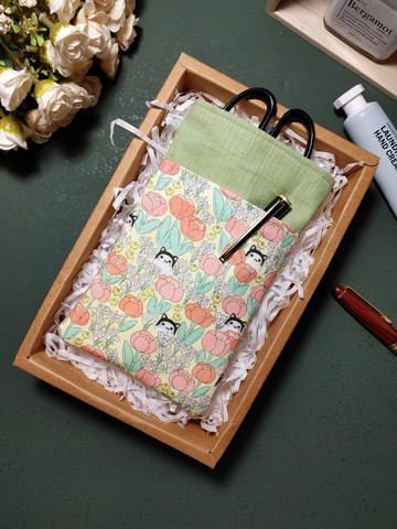 環保抗菌布 手工縫製-護理師/醫師 雙層筆袋 配色款-花朵貓(綠)