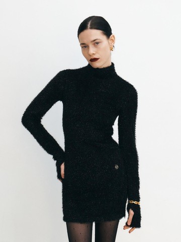 Fuzzy Glitter Knitted Mini Dress, Black