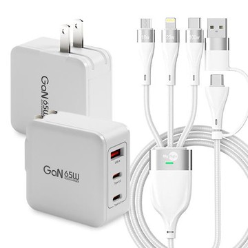 CB 65W 氮化鎵快速充電器 JT-G65B白+MyStyle 二出三 6用型快充線-白