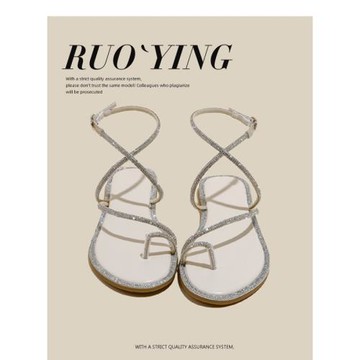 閃亮水鉆涼鞋女夏季平底仙女風蛇形纏繞度假夾趾羅馬鞋41到43大碼