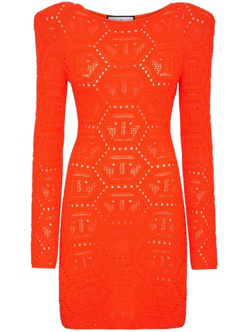 Philipp Plein - monogram-intarsia shoulder-pads minidress - women - Acrylic/Wool - XL - Orange