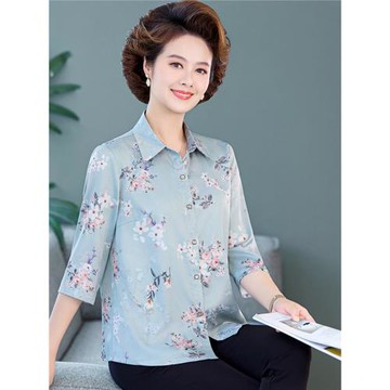 中年夏裝真絲襯衫洋氣上衣中老年人女印花小衫媽媽桑蠶絲襯衣套裝