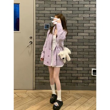 紫色麻花毛衣女秋冬季2026新款溫柔風慵懶高級感加厚針織開衫外套