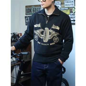 美式硬挺重磅半拉鏈套頭衛衣秋冬加厚機車上衣阿美咔嘰高領外套男