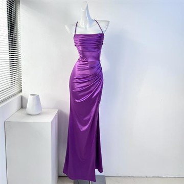 外貿 跨境法式高級性感修身顯瘦堆堆領開叉拖地晚禮服連衣裙長裙