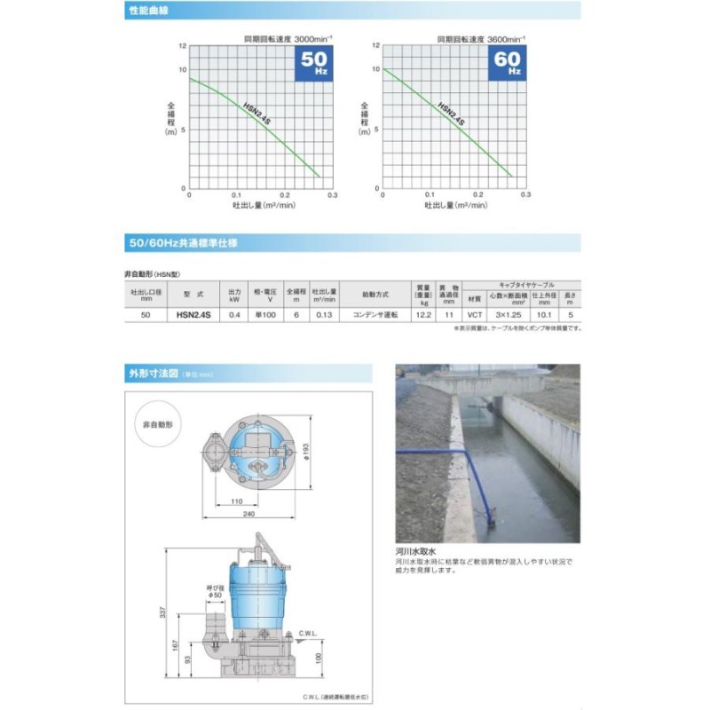 ツルミ 泥水工事排水用自動水中ポンプ HSE2.4S 60HZ - 1