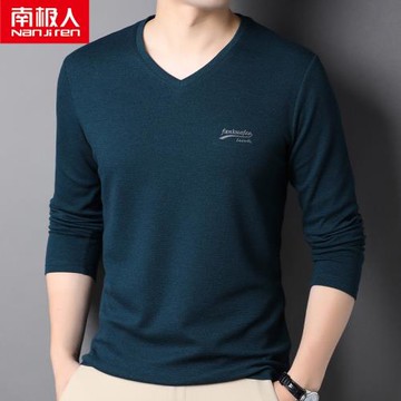 南極人t恤男長袖加絨保暖男士上衣2024新款v領秋冬季加厚打底衫潮