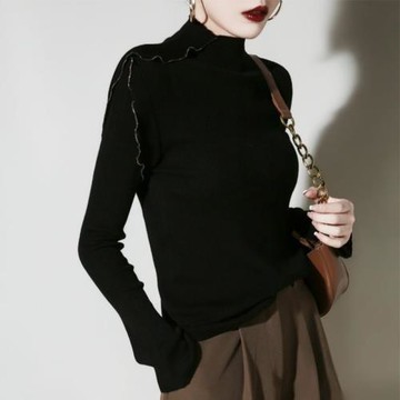 砰然心動金線荷葉邊不規則拼接針織衫女2025春秋半高領毛衣打底衫