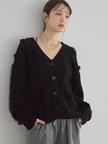 薄紗荷葉摺邊拼接V領針織開襟罩衫(01001325200) - earth music&ecology