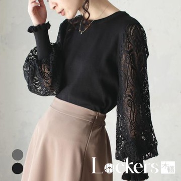 【Lockers 木櫃】春季日系蕾絲泡泡袖針織上衣 L112032007
