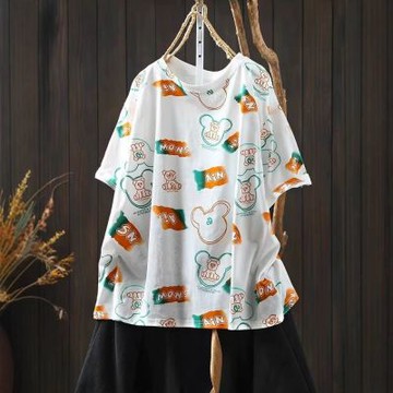 設計所在 棉麻隨性風 字母卡通印花短袖T恤休閒上衣(6色可選)