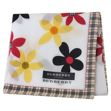 BURBERRY 巴寶莉 繽紛花朵圖騰字母LOGO細正格紋滾邊棉質帕領巾(白底系/50CM)