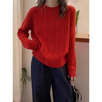 慵懶灰色麻花針織毛衣女套頭秋冬新款設計感寬松針織內搭打底上衣