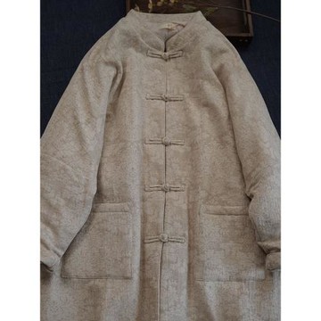 靜家 冬季國風新款棉麻提花米白色寬松對襟盤扣中式棉衣