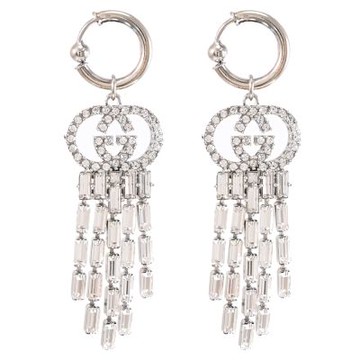 GUCCI 雙G LOGO長形水鑽流蘇造型夾式耳環(銀)