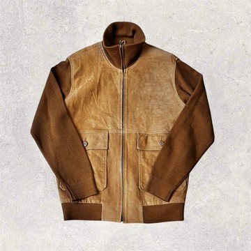 美國古著 皮革拼接針織立領夾克