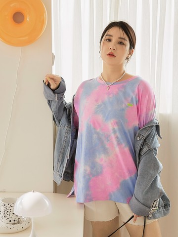 純棉漸層暈染落肩寬鬆長版上衣