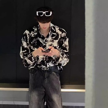 春秋季復古水墨畫紮染垂感花襯衫男士長袖韓版寬松痞帥高級感襯衣鑫弘-衣錦男裝