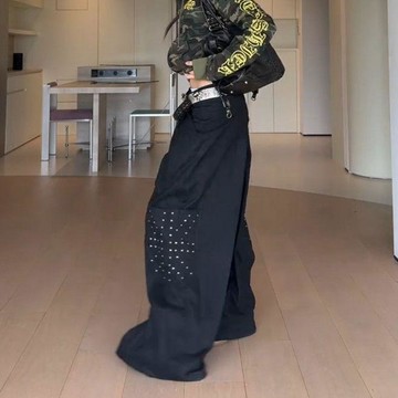 WYZ美式大尺碼辣妹鉚釘拼接口袋工裝黑色褲子女寬鬆百搭bf慵懶風拖地褲