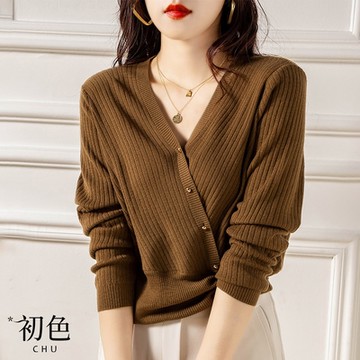初色  V領下擺抽繩針織上衣-共2色-63871(F可選)