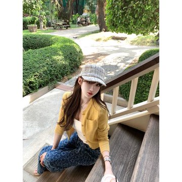 Bigking大金家「矜貴coco」 黃色小香風針織開衫女春短款上衣外套