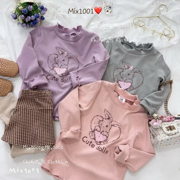 🌈✨mix1001✨木耳邊 手抱愛心🧡小兔印圖上衣✨兒童玩偶兔兔印圖小立領上衣 5-17