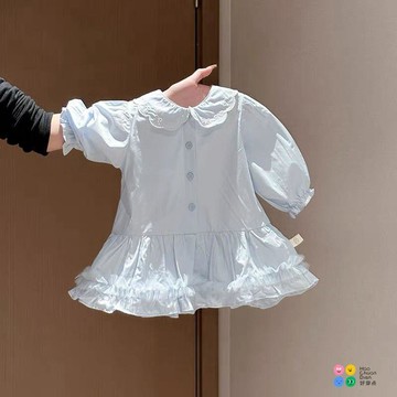 女童洋氣襯衫裙2026新款春季韓版刺繡娃娃領連衣裙兒童裙子潮女童春秋薄款長袖洋裝 女童薄款洋氣連衣裙 女童時髦可愛裙子