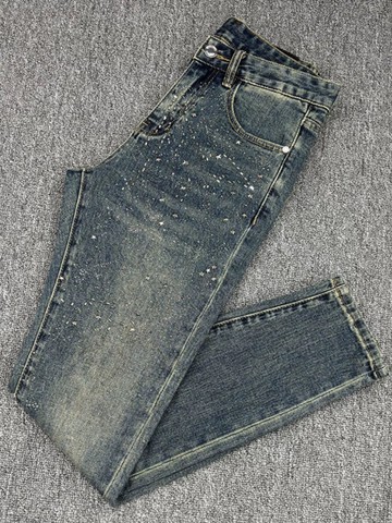 秋冬男新刺繡做舊深藍水洗貓須彈力修身小腳牛仔長褲潮流休閑百搭鑫弘-衣錦男裝