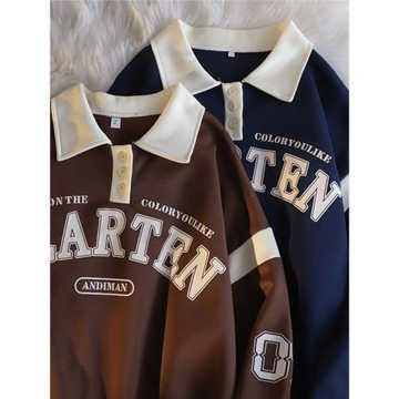 chic學院風衛衣女美式vintage秋冬季撞色Polo領運動加絨加厚外套