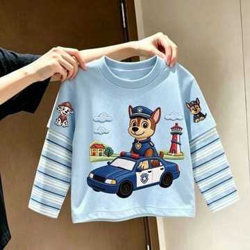 兒童長袖上衣 男童上衣 女童上衣 兒童上衣男童潮酷長袖T恤百搭春秋新款卡通汪汪隊中小童假兩件打底上衣爆t童裝