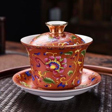 琺瑯彩三才蓋碗高端蓋碗泡茶蓋碗茶杯宮廷風中式會客廳喝茶碗帶蓋