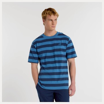 【NEW BALANCE】短袖上衣 短T 運動 休閒 橫條紋 男款 藍色 MT51524SET