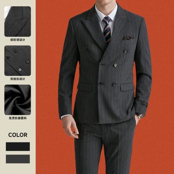 啄木鳥深灰雙排扣西裝男套裝商務正裝休閑條紋新郎結婚西服禮服