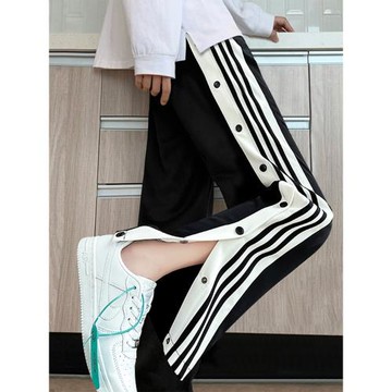 冰絲排扣褲子男夏季薄款條紋休閑闊腿褲美式潮牌寬松直筒垂感長褲