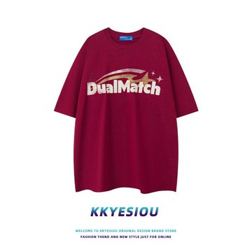 KKyesiou美式復古潮牌字母酒紅色短袖T恤男女小眾設計感情侶上衣