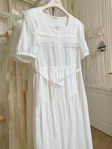 vintage 風琴褶海軍領 蕾絲拼接洋裝 連身裙