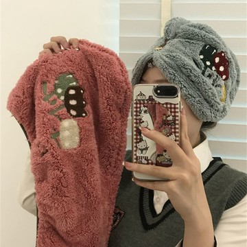⚡精心優選⚡三朵花刺繡高密珊瑚絨幹發帽加厚長毛吸水家用浴帽成人洗澡包頭巾1104