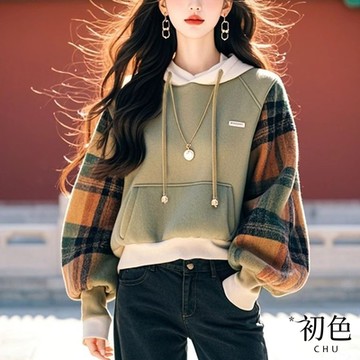 初色 寬鬆拼色長袖格紋口袋長袖連帽T恤上衣女上衣-綠色-39268(M-3XL可選)