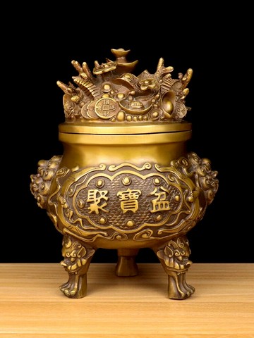 聚寶盆擺件純銅三足鼎開蓋香爐家居中式招旺聚擺件財位工藝禮品