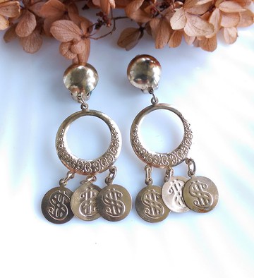 Vintage Jewelry 西洋古董飾品 錢幣符號 搖曳 垂墜 夾式耳環